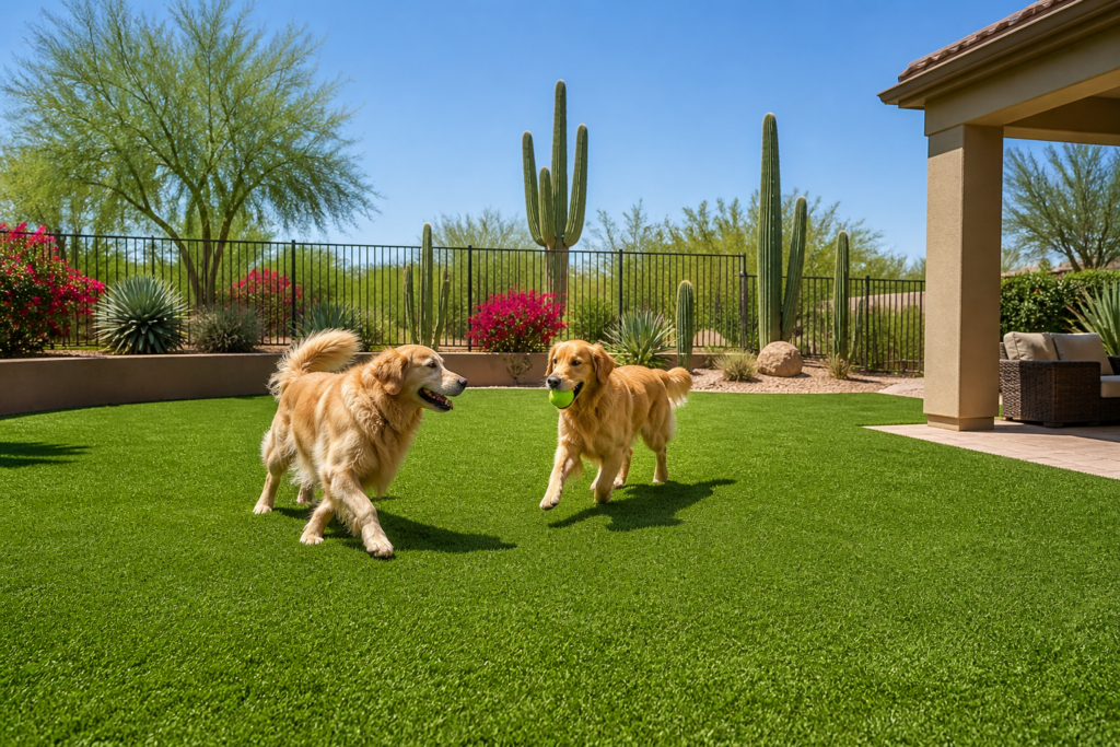 Pet turf installation in Chandler AZ backyard with dogs playing