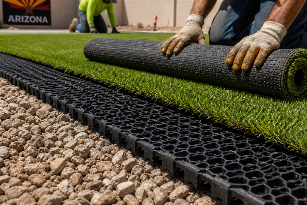 Pet turf base layer installation showing drainage system Chandler AZ